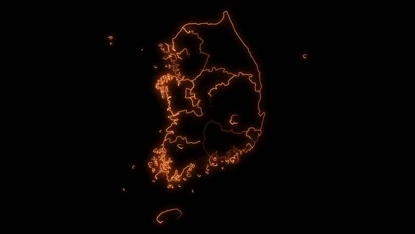 Neon map of South Korea country on black background. 4K