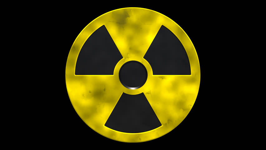360degree rotate Nuclear energy radioactive round yellow symbol shape on  black background with alpha channel. 2 texture in package clean and dirty version.