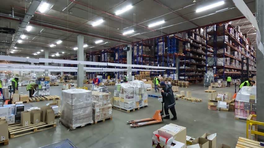 People work in a warehouse timelapse. People work in a large warehouse. Timelapse in a modern warehouse. Work with a modern warehouse | Shutterstock HD Video #1101439199