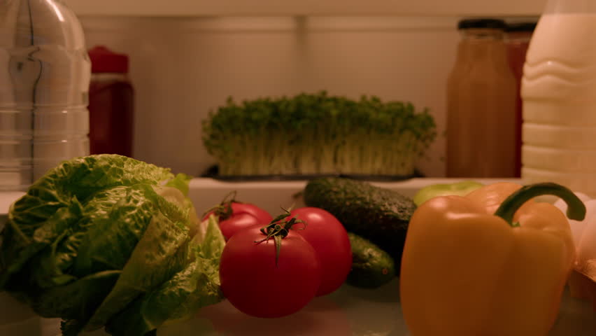 Point of view POV inside refrigerator Caucasian man husband guy male homeowner chef cooker open fridge door full of healthy fresh vegetables take out sniff tomato for cooking at kitchen food delivery Royalty-Free Stock Footage #1101439653