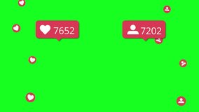 Social media likes and followers notification counter increasing. Social media likes and followers moving randomly, flying or floating on green screen background. - Powered by Shutterstock - Get 15% off with code: PIKWIZARD15