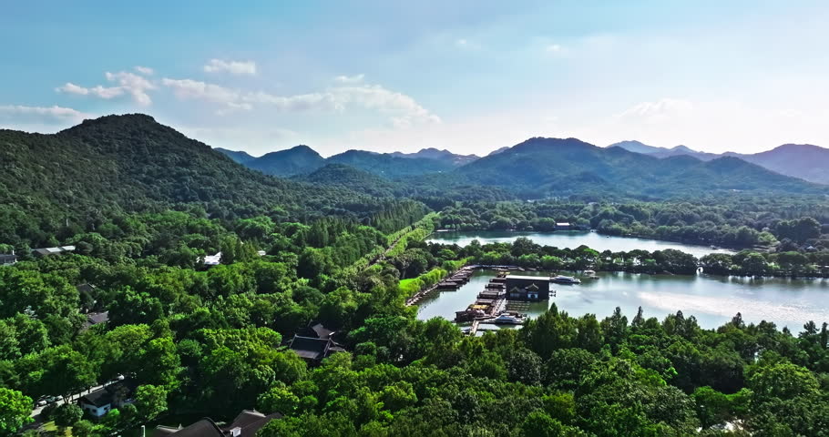 Aerial view of the beautiful West Lake natural scenery in Hangzhou, Zhejiang Province, China.