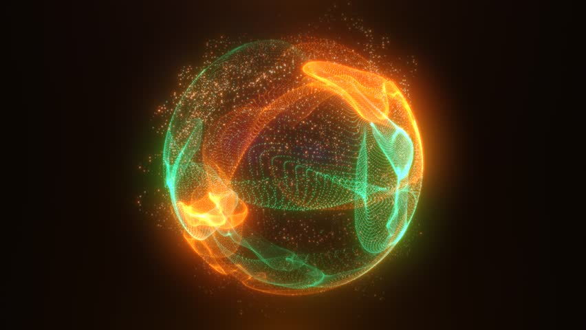 Abstract green orange looped energy sphere of particles and waves of magical glowing on a dark background, video 4k Royalty-Free Stock Footage #1101445259