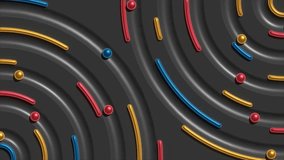 Looped 4K animated video. Abstract geometric pattern. 3D animation. Metal multicolored red, blue, yellow balls roll along round chutes on dark gray background. Modern Motion. Minimalistic panel. Loop