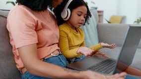 Child, mother and headphones with laptop for learning and online education with internet connection. Black family or woman and girl kid talking elearning video knowledge with home wifi on lounge sofa