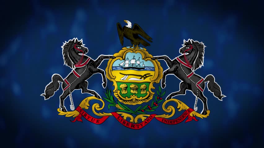 Close-up of the Pennsylvania state flag waving in the wind. Blue flag with Pennsylvania coat of arms in the center. 3d render animation. Slow motion loop. Close-up. Textured fabric background
