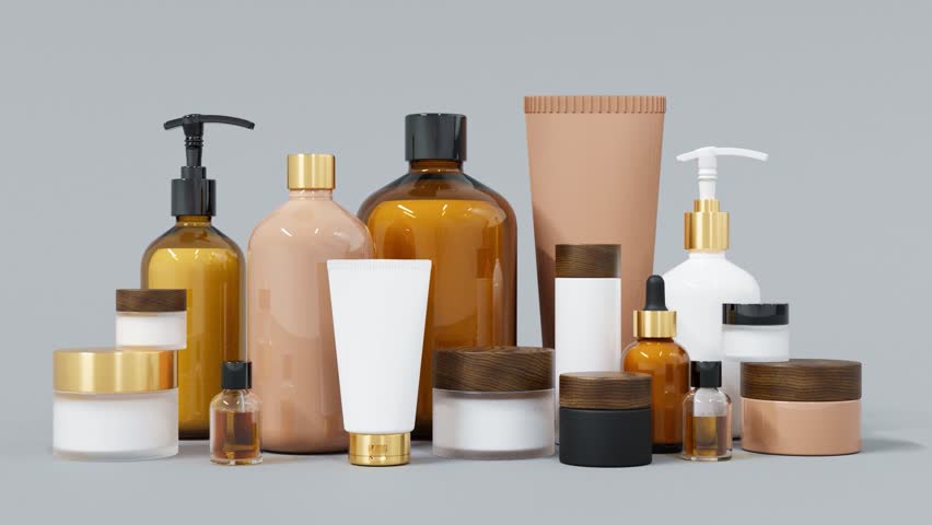 Group of different beige and brown glass and plastic cosmetic bottles and jars 3D render. 3D Illustration | Shutterstock HD Video #1101450683