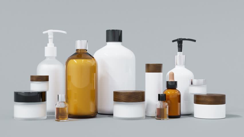 Group of different beige and brown glass and plastic cosmetic bottles and jars 3D render. 3D Illustration | Shutterstock HD Video #1101450687