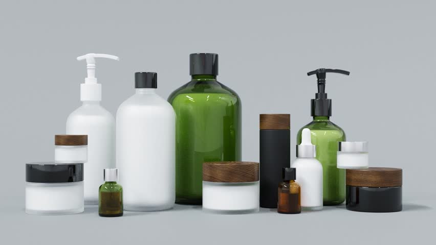 Group of different glass and plastic cosmetic bottles and jars 3D render. 3D Illustration | Shutterstock HD Video #1101450689