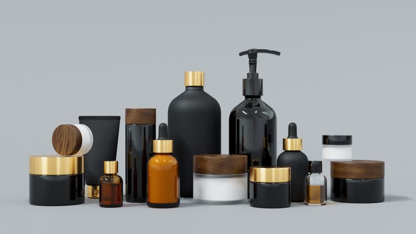 Group of different black and gold glass and plastic cosmetic bottles and jars 3D render. 3D Illustration | Shutterstock HD Video #1101450691