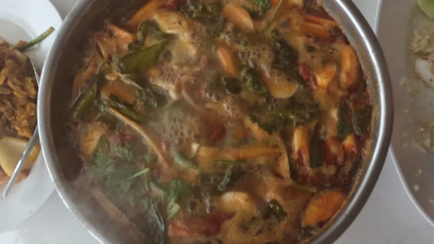 Thai Tom Yam Seafood in hot pot. 4k footage