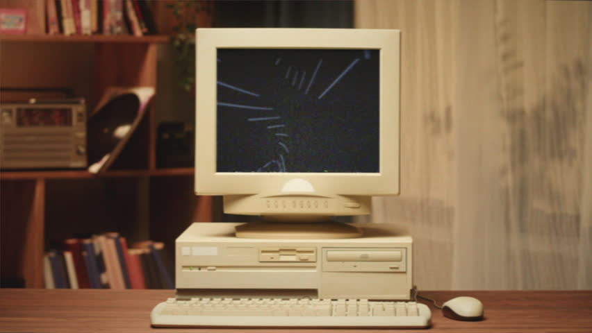 Retro pc with vintage screen saver, for chroma key green screen, Old computer studio close-up, Desktop vintage retro wave display, late 90s PC mock up for 3d motion design and advertising.  Royalty-Free Stock Footage #1101456163
