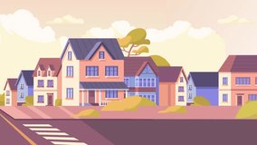 Urban street landscape. Moving banner with suburban area with houses, apartments and crossroads at sunrise. Cottage village with beautiful architecture and buildings. Flat graphic animated cartoon