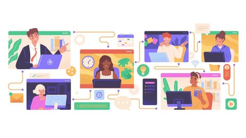 Team communication. Moving male and female remote employees in online meeting or remote video conference discuss workflow and tasks. Collaboration and project management. Flat graphic animated cartoon 스톡 비디오