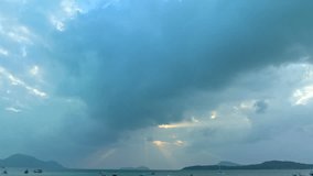 4K panorama Majestic landscape aerial Hyper lapse view light through the sky above the ocean..nature cloudscape sky and Clouds moving away rolling. .4k nature cloudscape sky.