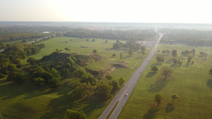 Afternoon aerial view of the central plaza mound group in the ancient native city of Cahokia, in Collinsville, Illinois, USA.