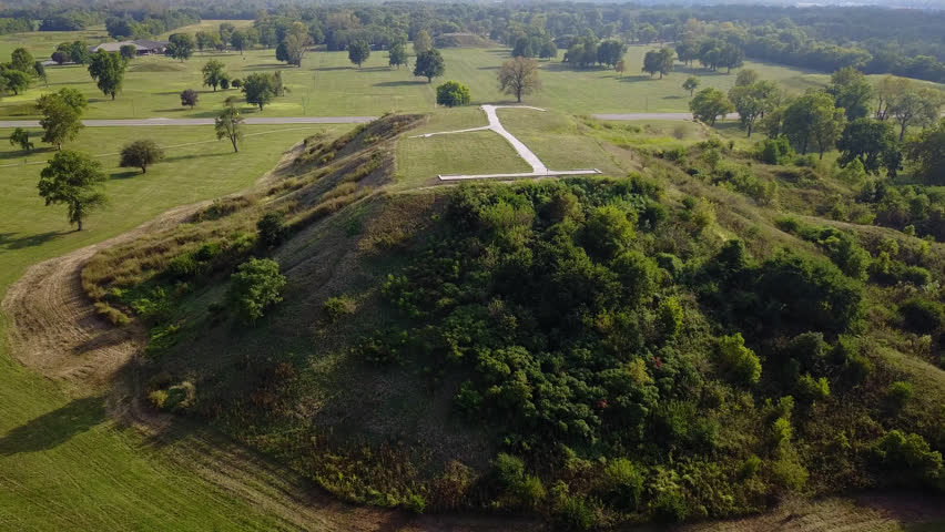 Afternoon aerial view of the central plaza mound group in the ancient native city of Cahokia, in Collinsville, Illinois, USA.