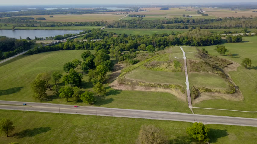 Afternoon aerial view of the central plaza mound group in the ancient native city of Cahokia, in Collinsville, Illinois, USA.