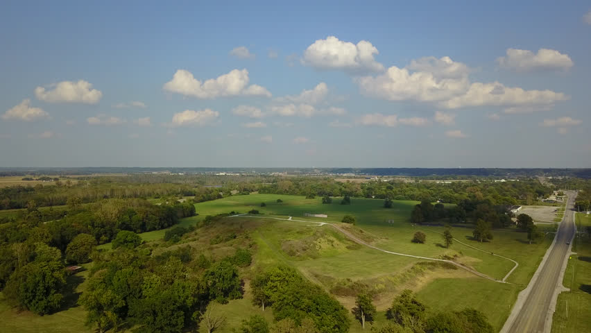 Afternoon aerial view of the central plaza mound group in the ancient native city of Cahokia, in Collinsville, Illinois, USA.