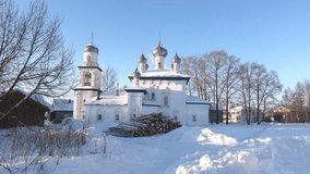 The ancient Church of the Nativity of the Blessed Virgin Mary (1680) on a February day. Kargopol. Arkhangelsk Region, Russia