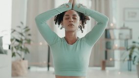 Yoga stretching, woman breathe and home fitness of a young biracial female doing meditation. Mindfulness, zen and peace workout with pilates in house with a person doing a spiritual sport to relax - Powered by Shutterstock - Get 15% off with code: PIKWIZARD15