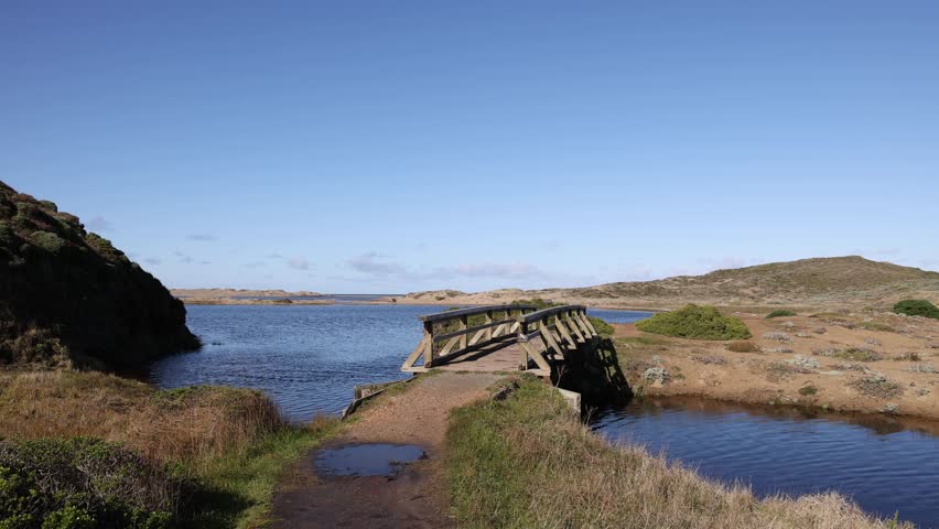 Wooden bridge over fresh water on trail to sand dunes in dry landscape
