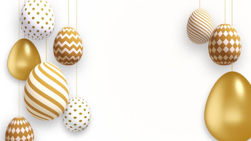 Golden Easter eggs with geometric patterns hang on strings. Shiny gold particles on white background. Looped Christian holiday animation. Royalty-Free Stock Footage #1101482017