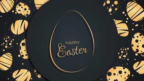 Easter egg sign with gold text in circle. Easter eggs with pattern. Spring holiday screensaver. Looped video. Happy Easter.