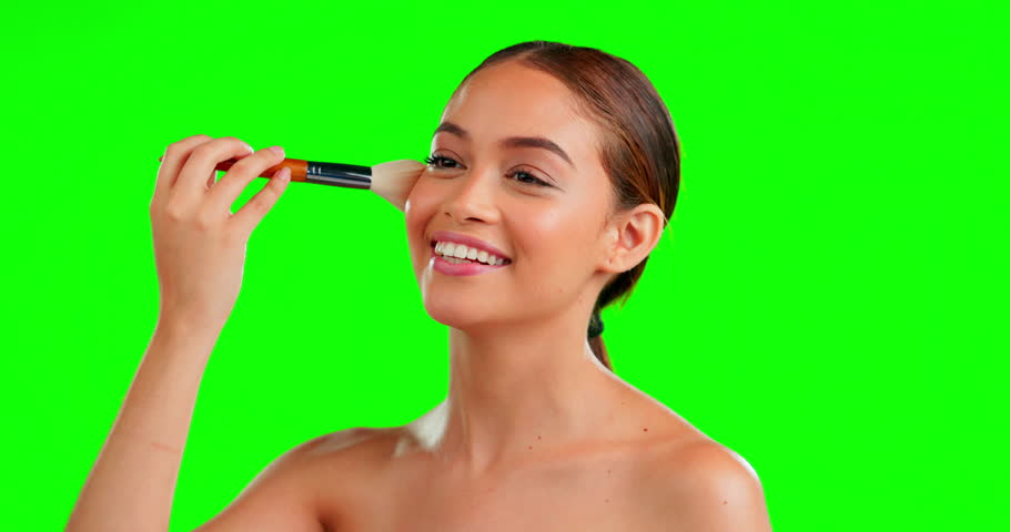 Green screen, makeup brush and face of woman in studio for beauty, skin and cosmetic on mockup background. Nose, tool and powder by girl happy, smile and relax for makeover, treatment or foundation | Shutterstock HD Video #1101484117