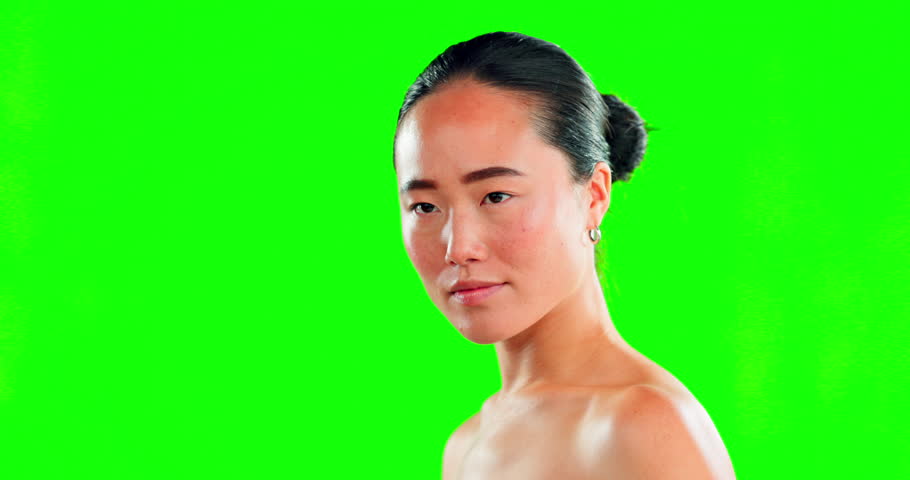 Beauty, skincare and confidence with asian woman in studio for cosmetics, satisfaction and natural. Self care, glow and spa with model on green screen background for positive, facial and elegant | Shutterstock HD Video #1101484119