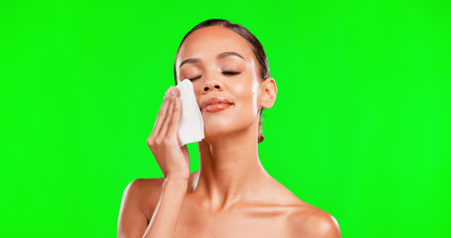 Green screen, wet wipe and face of woman in studio for skincare, cleaning and makeup removal. Beauty, tissue and portrait of girl model with paper for facial, cleanse or toner, cosmetics or treatment | Shutterstock HD Video #1101484215