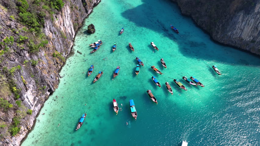 Aerial view of Maya bay and Pileh lagoon in Phi phi island, Thailand Royalty-Free Stock Footage #1101486193