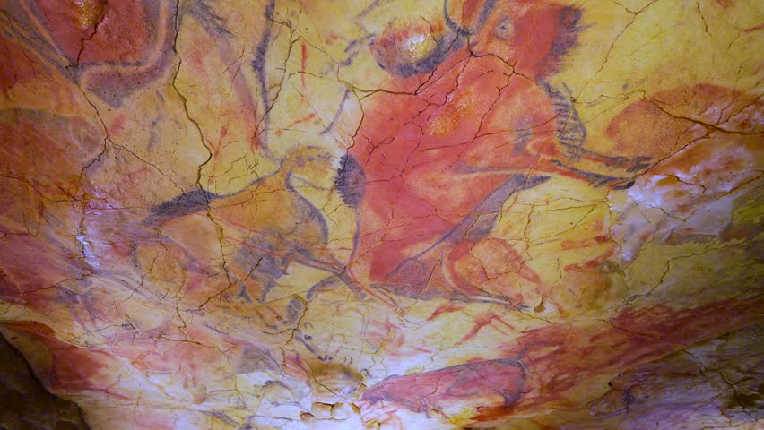 Paleolithic rock art in the Polychrome room in the Altamira Neocave. Santillana del Mar. Camino de Santiago. Cantabria. Spain. Europe