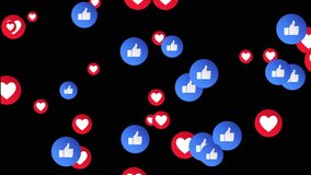 Like and heart buttons background. Falling social network like and heart buttons over alpha channel. Rain of thumb up and heart buttons. Viral marketing concept. - Powered by Shutterstock - Get 15% off with code: PIKWIZARD15