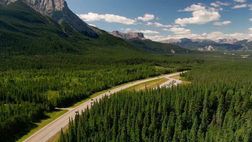 Aerial view of Jasper Provincial Park Rocky Mountains evergreen forests Alberta Canada