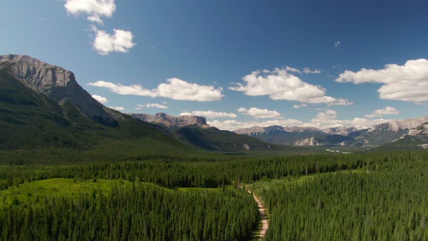 Aerial view of Jasper Provincial Park Rocky Mountains evergreen forests Alberta Canada