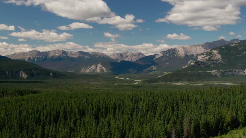 Aerial view of Jasper Provincial Park Rocky Mountains evergreen forests Alberta Canada
