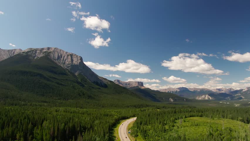 Aerial view of Jasper Provincial Park Rocky Mountains evergreen forests Alberta Canada