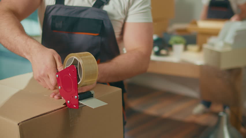 Close-Up of Employee Worker Sealing Cardboard Box Using Duct Tape Machine. Professional Packing and Unpacking Services. Packing and Preparation for Moving. Packing Supplies and Materials Royalty-Free Stock Footage #1101498273