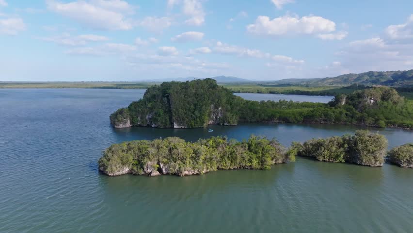 Flight Over Islands In Los Haitises National Park, Dominican Republic. Aerial Drone Shot