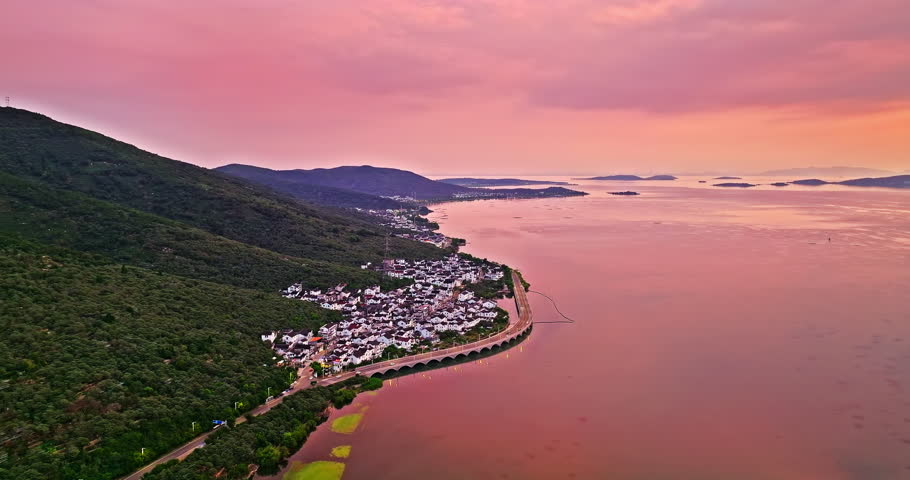 Aerial view of beautiful coastline natural scenery at sunset in Taihu Lake Scenic area, Suzhou City, Jiangsu province, China.