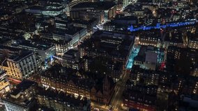 Establishing Aerial View Shot of London UK, United Kingdom, Oxford Street, Night, Evening, Christmas, Decorations
