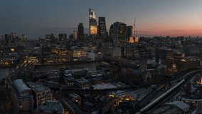 Square Mile, City of London, Establishing Aerial View Shot of London UK, United Kingdom, early rise of sun