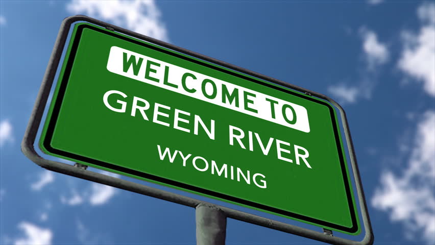 Welcome to Green River Wyoming USA City Road Sign, Close Up Realistic Animation