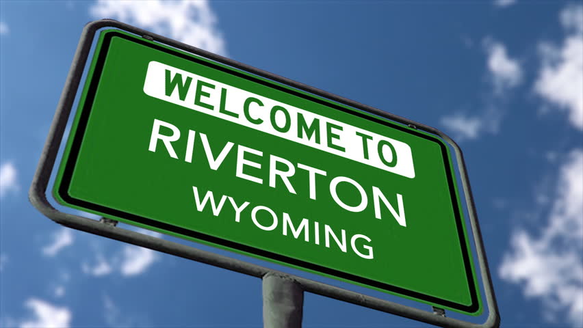 Welcome to Riverton Wyoming USA City Road Sign, Close Up Realistic 3d Animation
