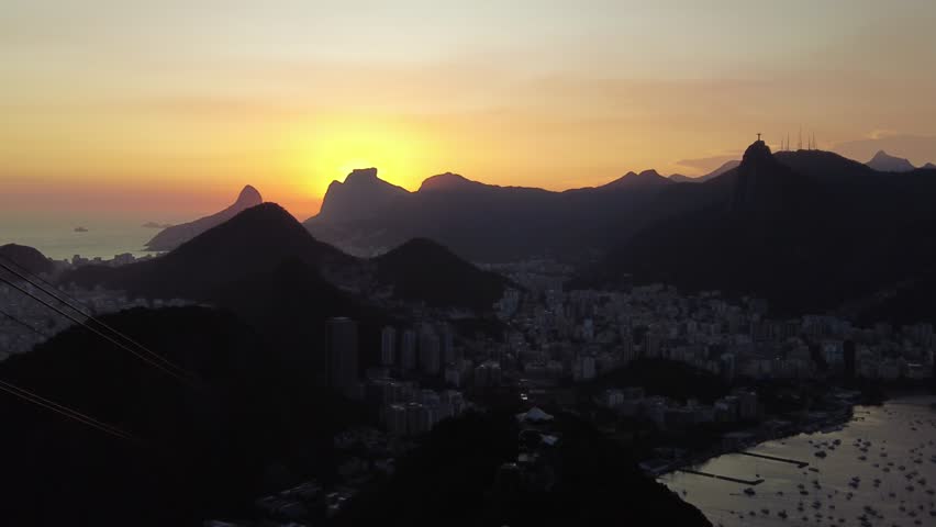 Sunset view from Sugar Loaf mountain on Rio de Janeiro Brazil. Panning shot. High quality 4k footage.