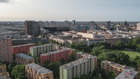 Establishing Aerial View Shot of Berlin, Germany, capital city, beton jungle