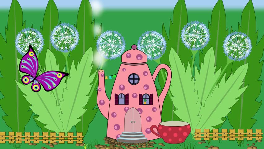 Teapot with a cup in the form of a cozy house and yard