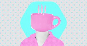 Modern loop photo collage animation. Сoffee cup character. Morning, breakfast, office work concept