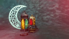 Eid Mubarak greeting 2023, Colourful Lantern lamp with crescent moon shape and dates, Islamic concept 4k video